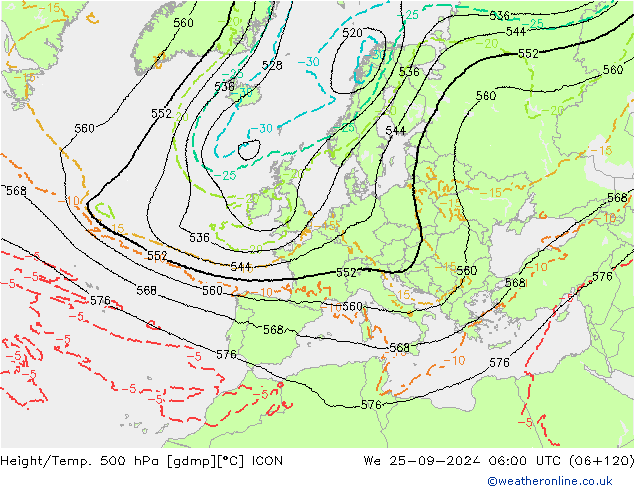 Height/Temp. 500 hPa ICON Qua 25.09.2024 06 UTC