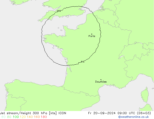 Jet stream/Height 300 hPa ICON Fr 20.09.2024 09 UTC