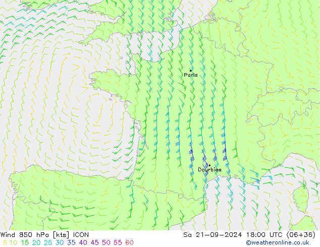 ветер 850 гПа ICON сб 21.09.2024 18 UTC