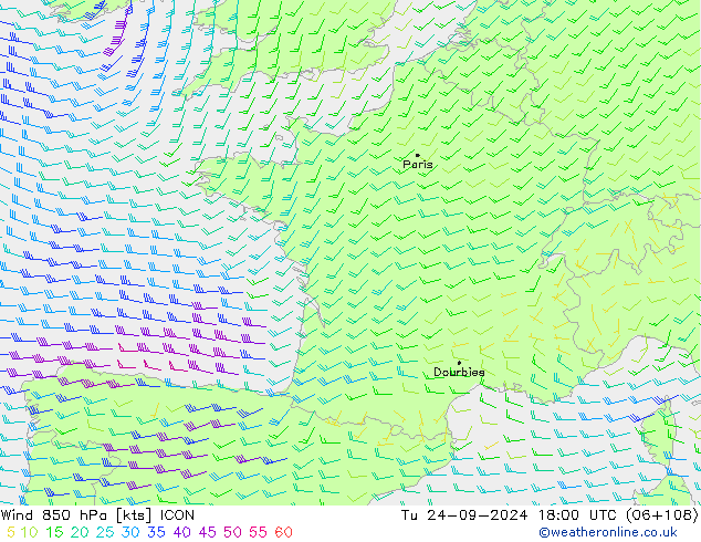 Wind 850 hPa ICON Tu 24.09.2024 18 UTC