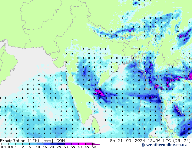 Precipitación (12h) ICON sáb 21.09.2024 06 UTC