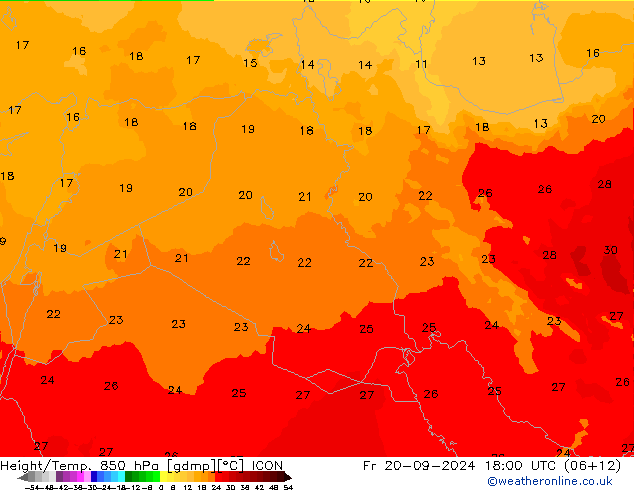 Height/Temp. 850 hPa ICON Fr 20.09.2024 18 UTC