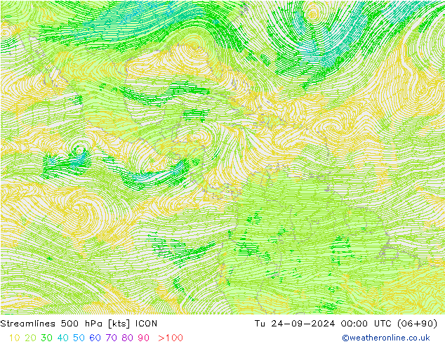 Streamlines 500 hPa ICON Tu 24.09.2024 00 UTC