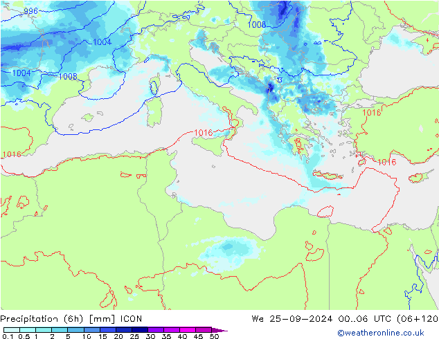 Precipitation (6h) ICON We 25.09.2024 06 UTC