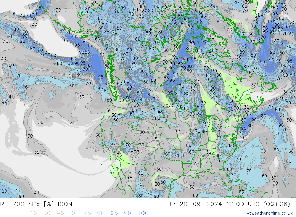 RH 700 hPa ICON 星期五 20.09.2024 12 UTC