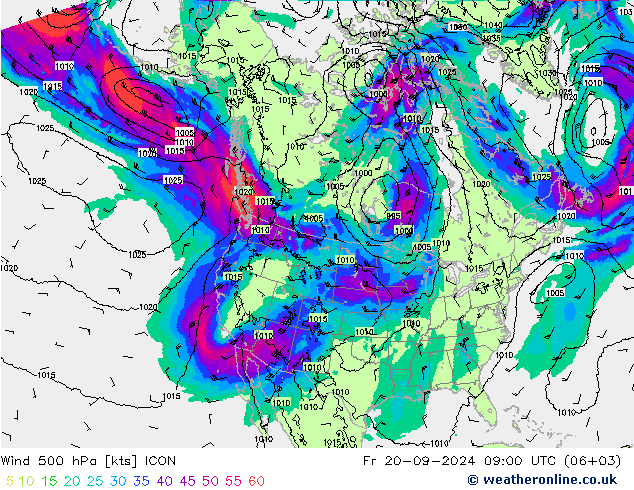 Vento 500 hPa ICON Sex 20.09.2024 09 UTC