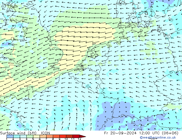 Bodenwind (bft) ICON Fr 20.09.2024 12 UTC