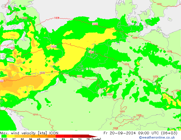 Max. wind velocity ICON Fr 20.09.2024 09 UTC