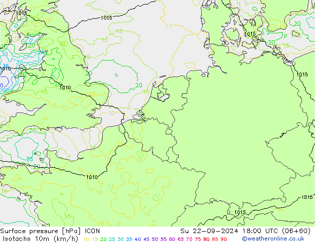 Izotacha (km/godz) ICON nie. 22.09.2024 18 UTC