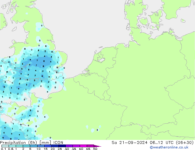 Precipitazione (6h) ICON sab 21.09.2024 12 UTC