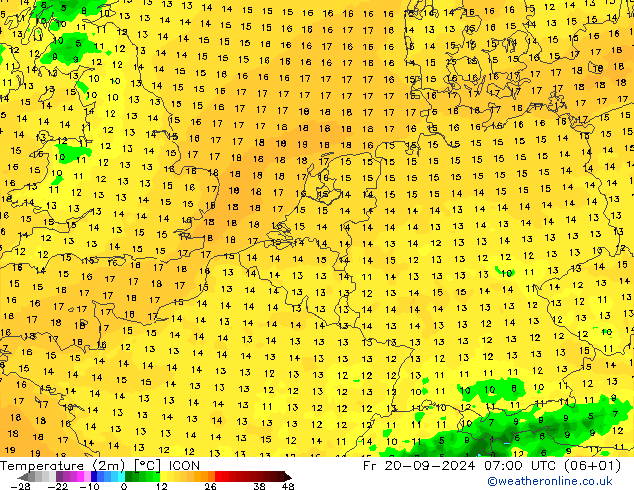 Sıcaklık Haritası (2m) ICON Cu 20.09.2024 07 UTC