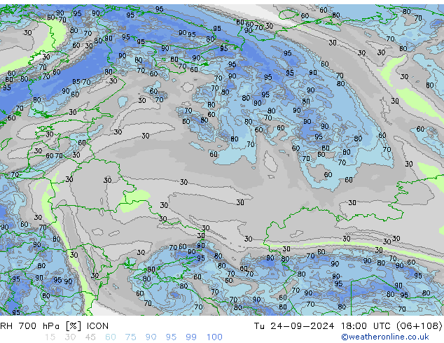 RH 700 hPa ICON Tu 24.09.2024 18 UTC