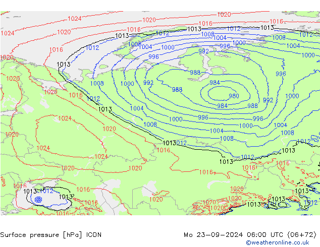 Surface pressure ICON Mo 23.09.2024 06 UTC