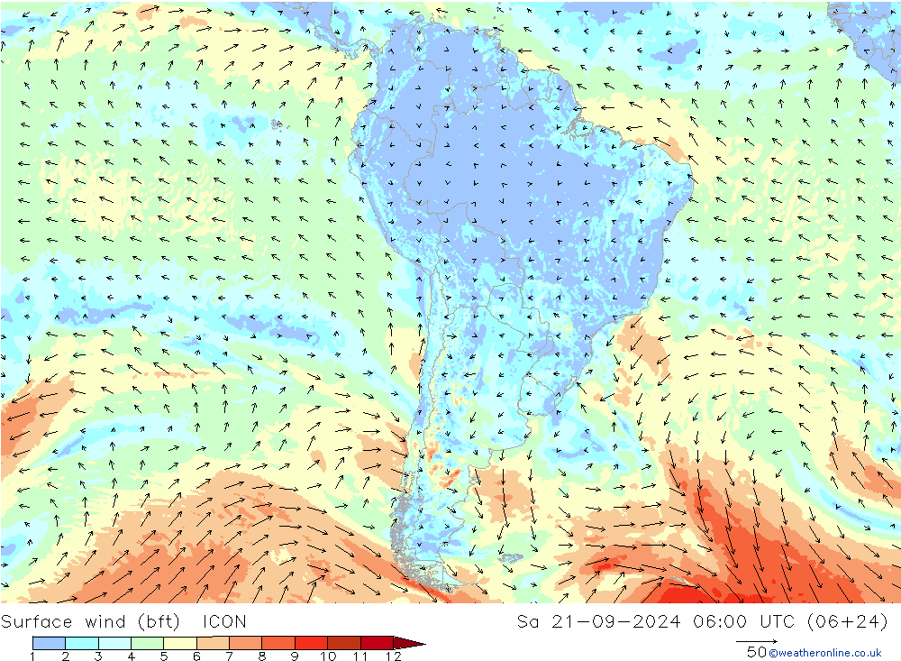 Surface wind (bft) ICON Sa 21.09.2024 06 UTC