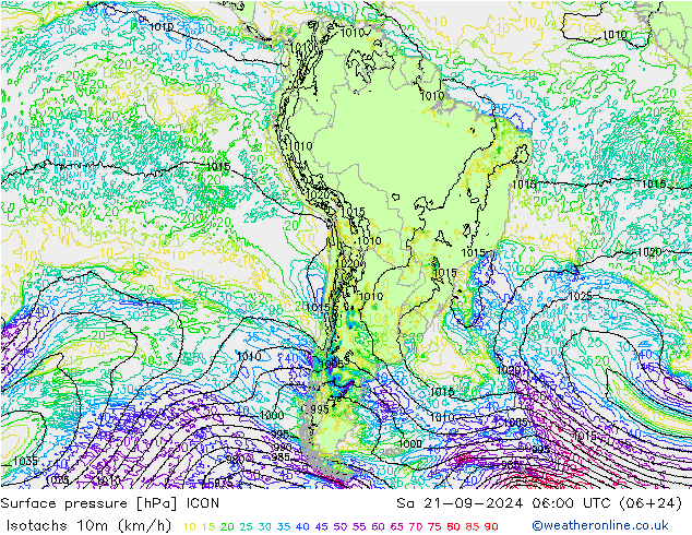 Isotachs (kph) ICON Sa 21.09.2024 06 UTC