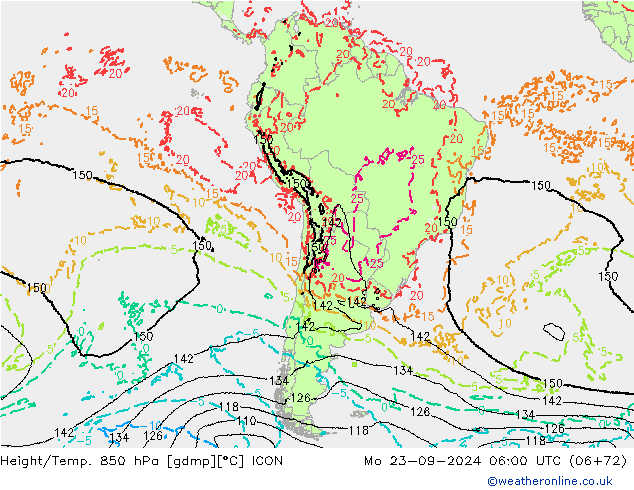 Height/Temp. 850 hPa ICON Mo 23.09.2024 06 UTC