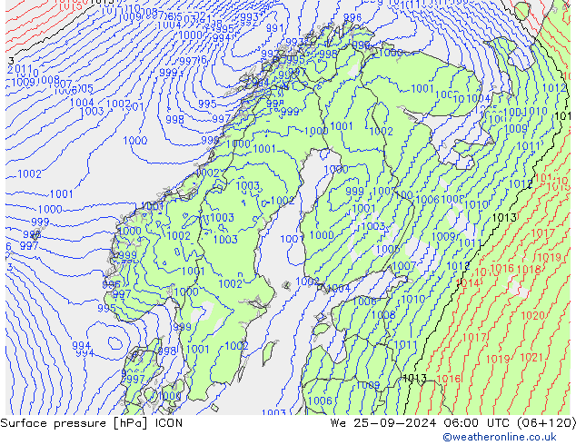 Yer basıncı ICON Çar 25.09.2024 06 UTC