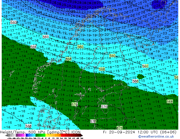 Hoogte/Temp. 500 hPa ICON vr 20.09.2024 12 UTC