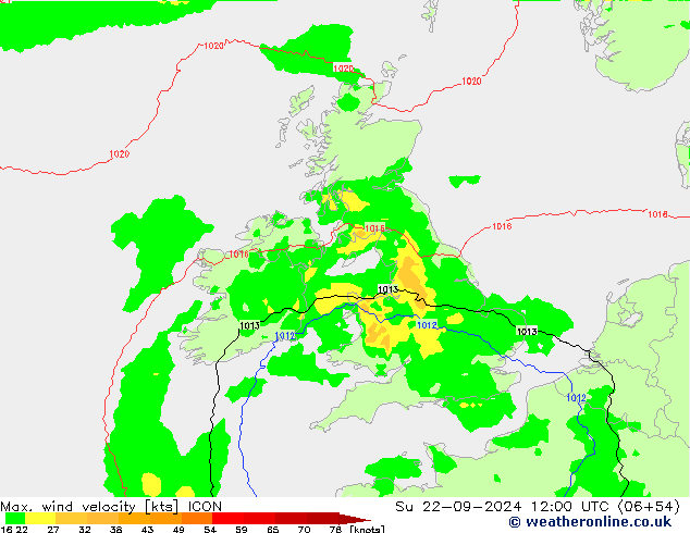 Max. wind velocity ICON Su 22.09.2024 12 UTC