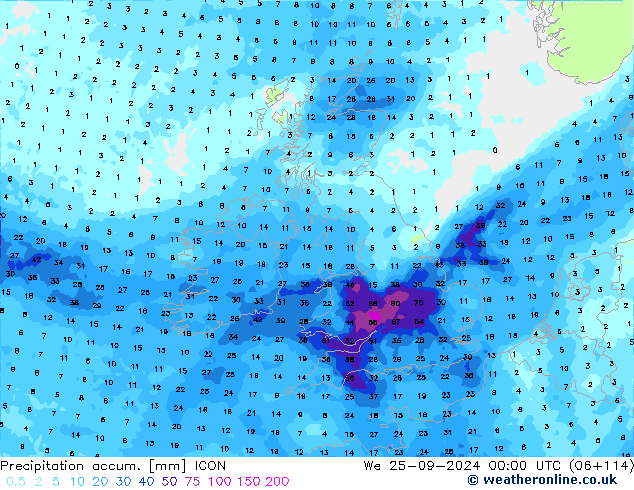 Précipitation accum. ICON mer 25.09.2024 00 UTC