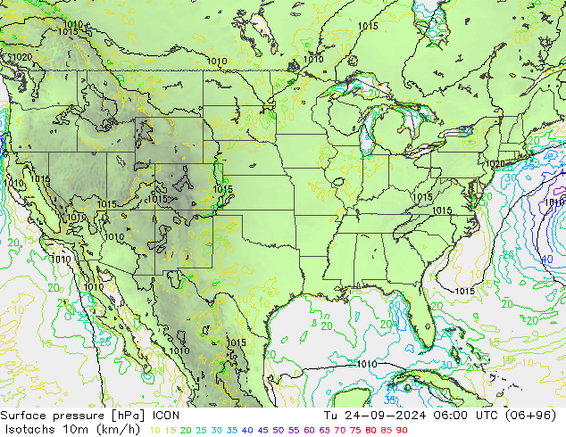 Isotachs (kph) ICON вт 24.09.2024 06 UTC