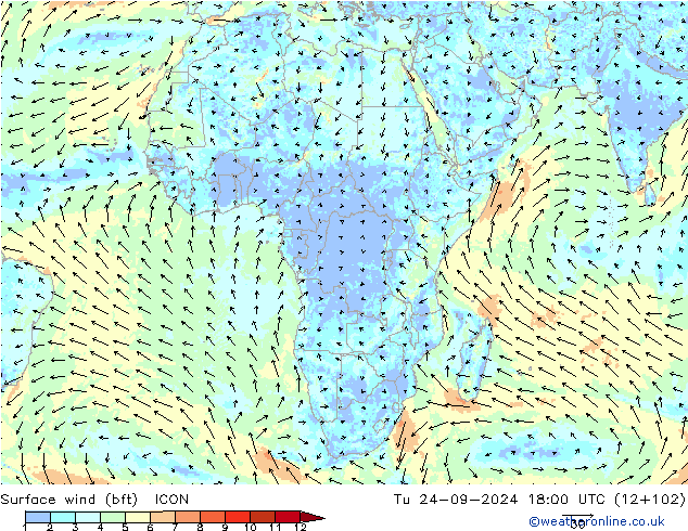 wiatr 10 m (bft) ICON wto. 24.09.2024 18 UTC