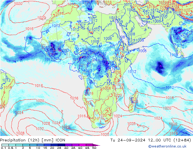 Precipitation (12h) ICON Út 24.09.2024 00 UTC