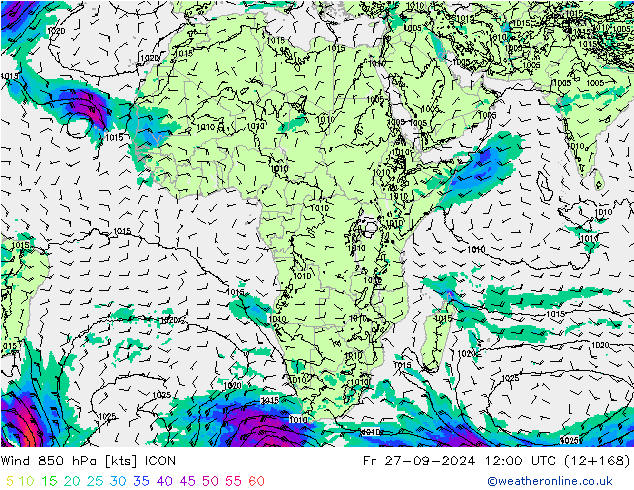 Vento 850 hPa ICON ven 27.09.2024 12 UTC