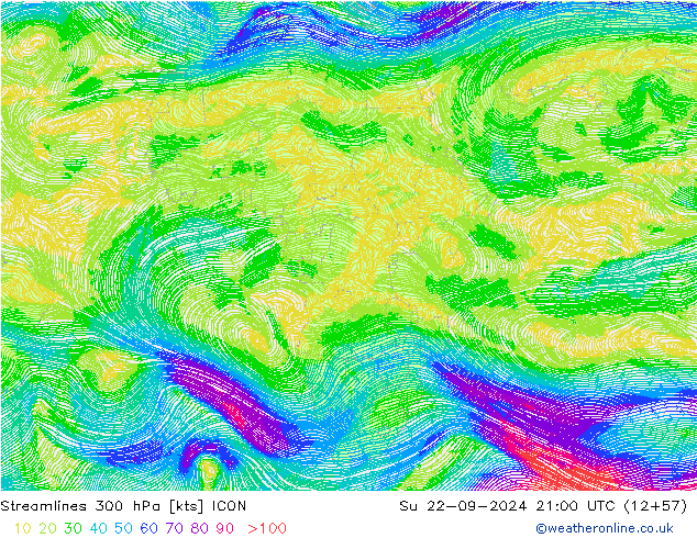 Stromlinien 300 hPa ICON So 22.09.2024 21 UTC