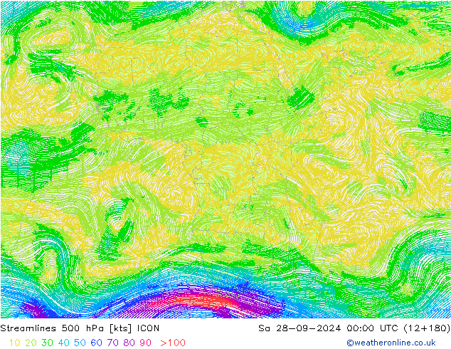 Linea di flusso 500 hPa ICON sab 28.09.2024 00 UTC