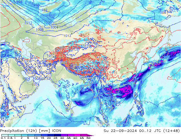 Totale neerslag (12h) ICON zo 22.09.2024 12 UTC