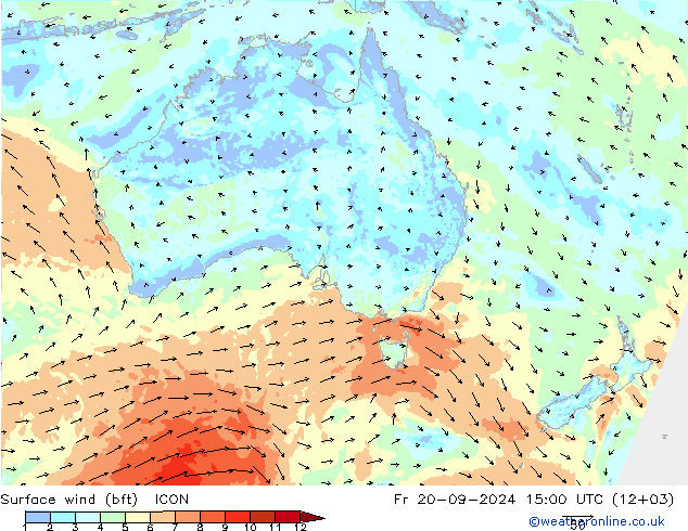 Surface wind (bft) ICON Fr 20.09.2024 15 UTC