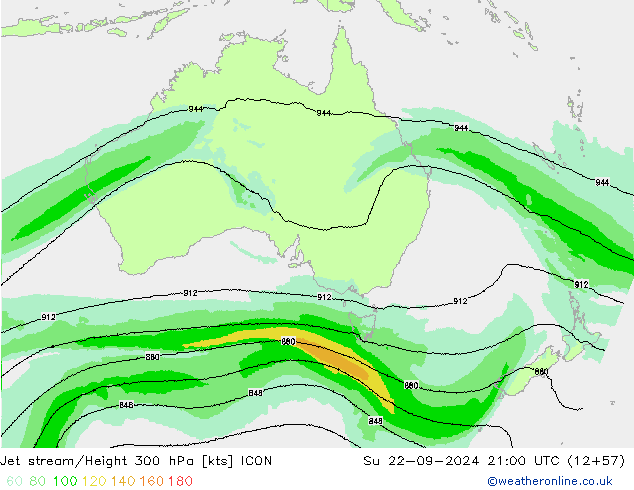 Jet stream/Height 300 hPa ICON Su 22.09.2024 21 UTC