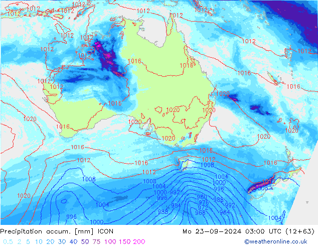 Precipitation accum. ICON lun 23.09.2024 03 UTC