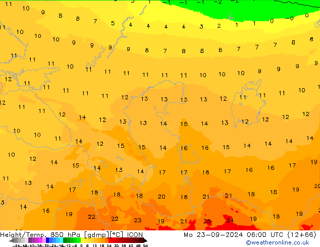 Géop./Temp. 850 hPa ICON lun 23.09.2024 06 UTC