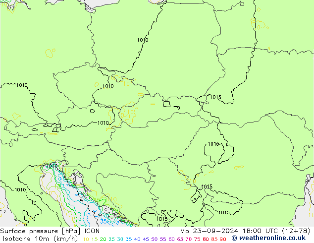 Isotachs (kph) ICON Po 23.09.2024 18 UTC