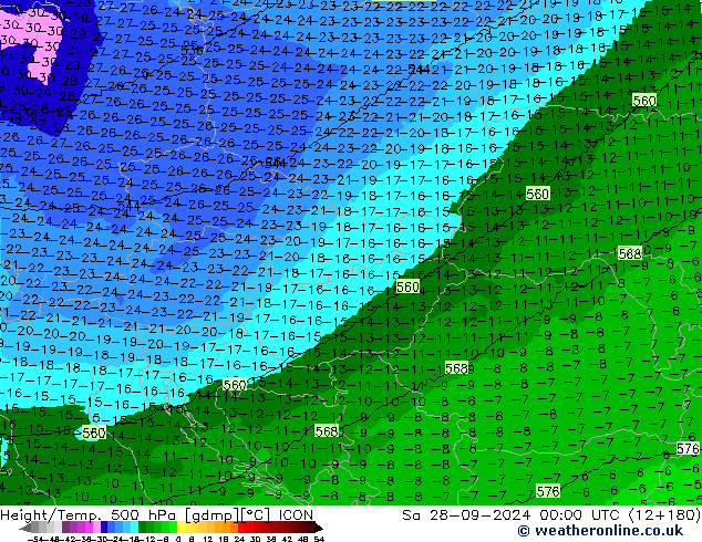 Yükseklik/Sıc. 500 hPa ICON Cts 28.09.2024 00 UTC