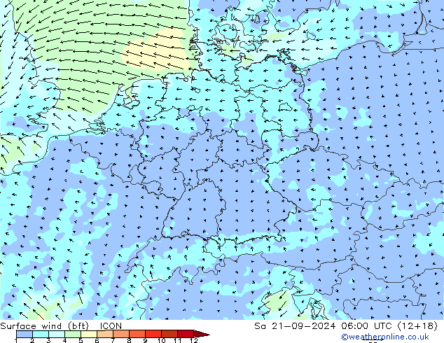 Wind 10 m (bft) ICON za 21.09.2024 06 UTC