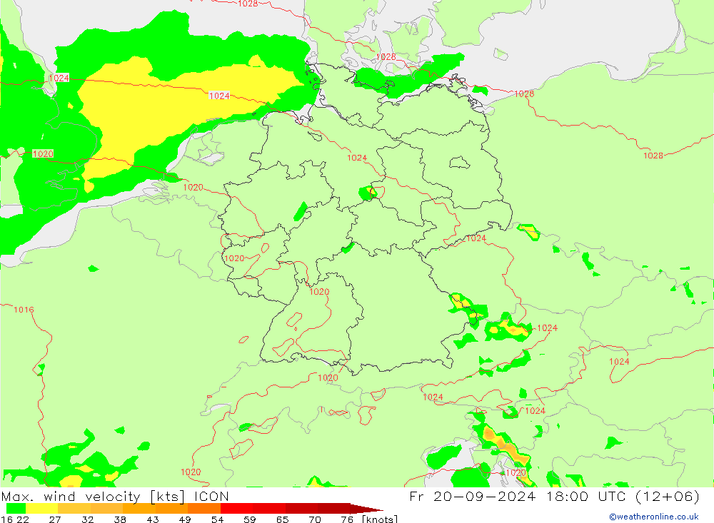 Max. wind velocity ICON 星期五 20.09.2024 18 UTC