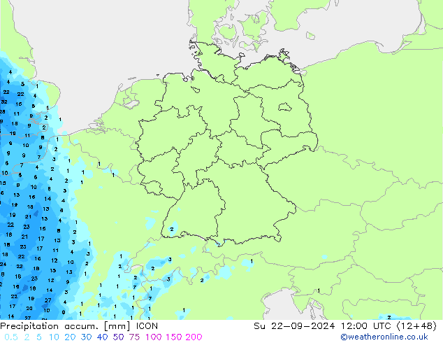 Precipitation accum. ICON Вс 22.09.2024 12 UTC