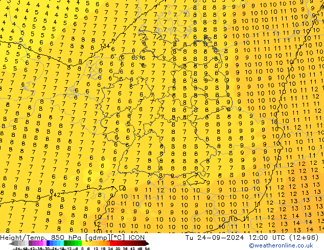 Height/Temp. 850 hPa ICON Tu 24.09.2024 12 UTC