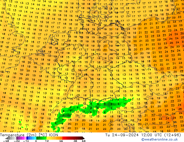 карта температуры ICON вт 24.09.2024 12 UTC