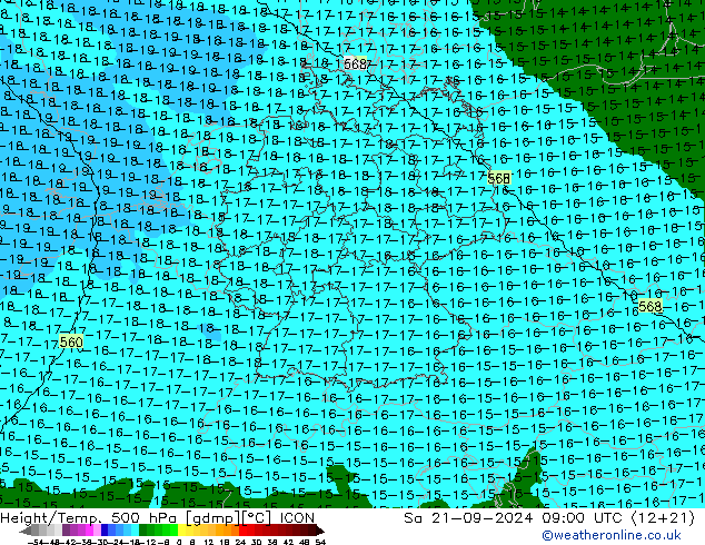 Height/Temp. 500 hPa ICON Sa 21.09.2024 09 UTC