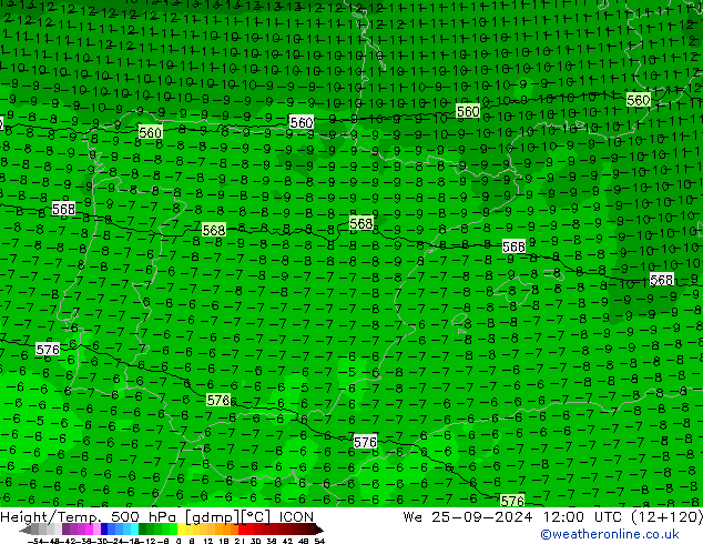 Hoogte/Temp. 500 hPa ICON wo 25.09.2024 12 UTC