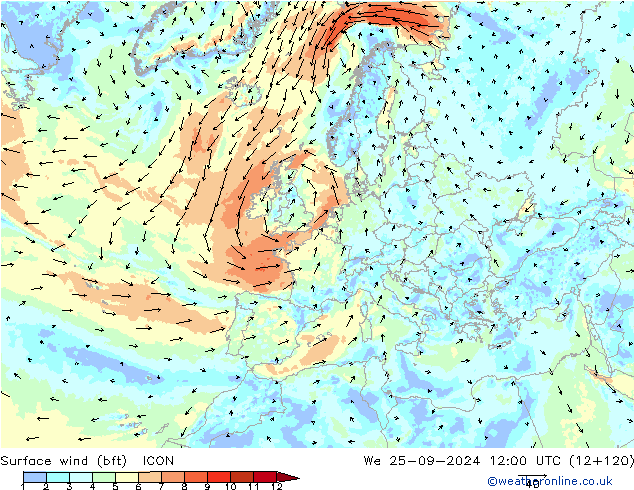 Rüzgar 10 m (bft) ICON Çar 25.09.2024 12 UTC