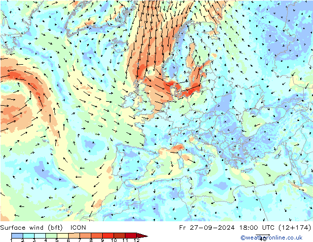 Surface wind (bft) ICON Fr 27.09.2024 18 UTC