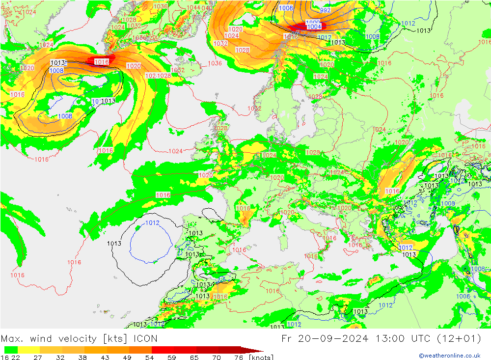 Max. wind velocity ICON пт 20.09.2024 13 UTC