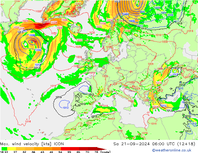 Max. wind velocity ICON Sáb 21.09.2024 06 UTC