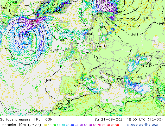 Isotachs (kph) ICON sam 21.09.2024 18 UTC