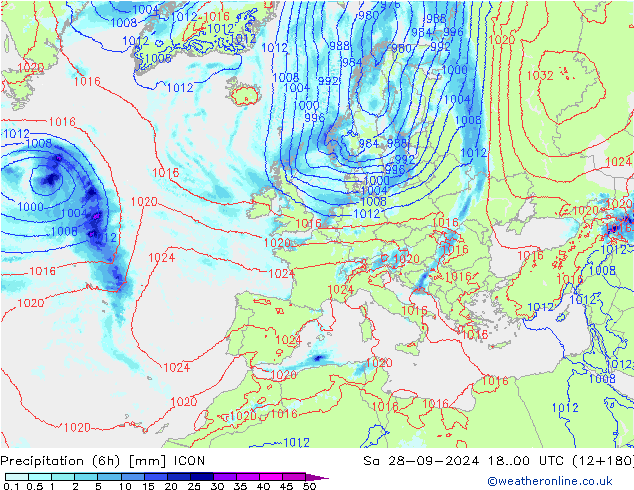 Precipitation (6h) ICON Sa 28.09.2024 00 UTC